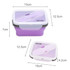 A reusable silicone food storage container in purple, featuring a transparent lid and measuring 15cm x 12.5cm x 7cm.