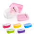 Collapsible silicone food storage containers in pink, purple, green, yellow, and clear, with a logo on some containers.