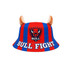 A red and blue bucket hat featuring animal ears, with a logo on the front and the words "BULL FIGHT."