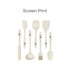 A silicone kitchenware set in cream, featuring various tools including a spatula, spoon, and ladle, with a logo.