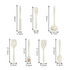 A set of beige silicone kitchenware, including spatulas, a ladle, a brush, and a slotted turner, with measurements provided.