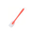 A silicone spatula with a red handle and a white head, featuring a hanging hole for easy storage.