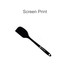 A black spatula with a flat head and a long handle, featuring a logo on the handle.