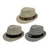 Three breathable woven straw hats in brown and white patterns, featuring different bands and logos.