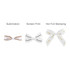 Three adhesive bows in white, featuring different designs: a checked pattern, text in black, and hot foil stamping details.
