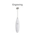 A white milk frother with a silver whisk attachment, featuring a logo on its body.