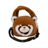 A brown plush handbag designed as a cute animal with a black and white face, featuring a shoulder strap.
