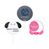 Three custom shape hand fans featuring a grey design, a dog design in white, and a pink design with decorative elements.