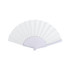 A white paper hand-held fan with a ribbed design and a circular grip at the base. It features a logo.