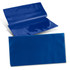 A blue vinyl travel wallet with an open and closed view, featuring a glossy finish and a logo.
