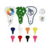 A foldable event fan featuring multiple designs in various colours, including red, yellow, white, and black. It includes branding.