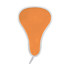 An orange foldable event fan with a white trim and a handle. It features a logo on the fan's surface.