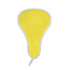 A foldable fan in bright yellow with a silver trim, featuring a logo on the handle.