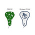 A foldable event fan featuring a green pattern on one side and a white design with a logo on the other.