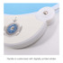A foldable fan with a blue surface and a white plastic handle featuring a printed design and a metal button.
