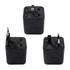 A compact black travel adapter featuring multiple plug types for international use, with an attached logo.