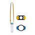 A drink bottle with a yellow and black checkered lanyard and a colourful attachment for secure carrying.