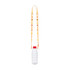 A drink bottle with a red cap is suspended from a yellow and orange patterned sling lanyard.