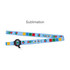A drink bottle lanyard featuring a light blue design with coloured blocks and a logo attachment.