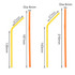 A set of two bendable drinking straws in yellow and orange, detailed with measurements for length and diameter.