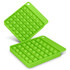 A green Pop Bubble Board featuring a grid of raised bubbles in a square shape, with a handle on one side.