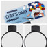 A black acrylic sign headband featuring a chef illustration and a menu board at the top. 