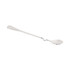 A silver hanging cup spoon with a unique curved design, featuring a long handle and shallow bowl.