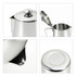 A stainless steel milk frothing pitcher with a lid, featuring a shiny finish and a spout, displayed from various angles.