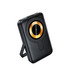 A black 10000mAh magnetic wireless power bank with a phone stand and a circular gold accent. It features a logo.