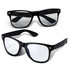 Two pairs of black Malibu blue light glasses with reflective lenses on a white background. Each pair features a logo.