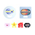 Custom-shaped PP fans in various colours, including round, star, and house shapes, each with a handle cutout and branding.