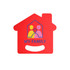 A red fan in the shape of a house, featuring a simple family graphic and a handle cut-out at the bottom.