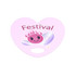 A heart-shaped pink fan featuring a smiling character and discs, with floral accents and a branding logo.