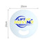 A custom-shaped white PP fan without handles, featuring a logo in blue and yellow. Measures 20cm in diameter.