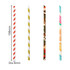 A collection of four custom disposable 4-ply straight angled paper straws in red and white, gold, patterned, and colourful designs.
