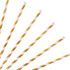 A group of white and gold striped paper straws arranged diagonally. The straws have a logo on them.