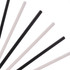A collection of black and white disposable 4-ply straight drinking paper straws arranged in a fanned layout.