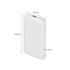 A slim white power bank measuring 105mm by 64mm by 13mm, featuring a charging cable and a logo.
