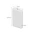 A white 10,000mAh slim power bank with charging cable, featuring a logo and measurements on display.