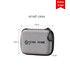 A small, grey zippered case with a logo on the front, measuring 14cm by 10cm by 4cm.