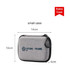 A small grey zippered case with a logo, measuring 14cm x 10cm x 4cm.