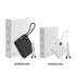 A black and white power bank with a cable, displayed beside their packaging. The black one is labelled 20000mAh and the white one 10000mAh.