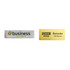 Two metal name badges, one silver and one gold, featuring different designs and a logo on each.