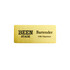 A metal name badge in a gold finish, featuring black text with a logo on one side.