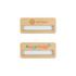 A reusable wooden name badge in light wood with a clear window for name display and a logo at the top.