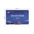 A custom PVC name badge in blue, featuring a logo and a name with a title. Dimensions are 85mm by 55mm.