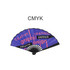 An 8-inch bamboo fabric hand fan in vibrant purple, featuring creative graphic design elements and a black handle.