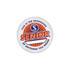 A round frisbee featuring vibrant orange and blue colours, with a logo and text design.