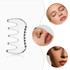 A silver, multi-pronged scraping board with rounded edges, surrounded by images of natural facial features.