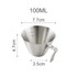 A stainless steel measuring cup with a handle, marked with measurements up to 100ml.